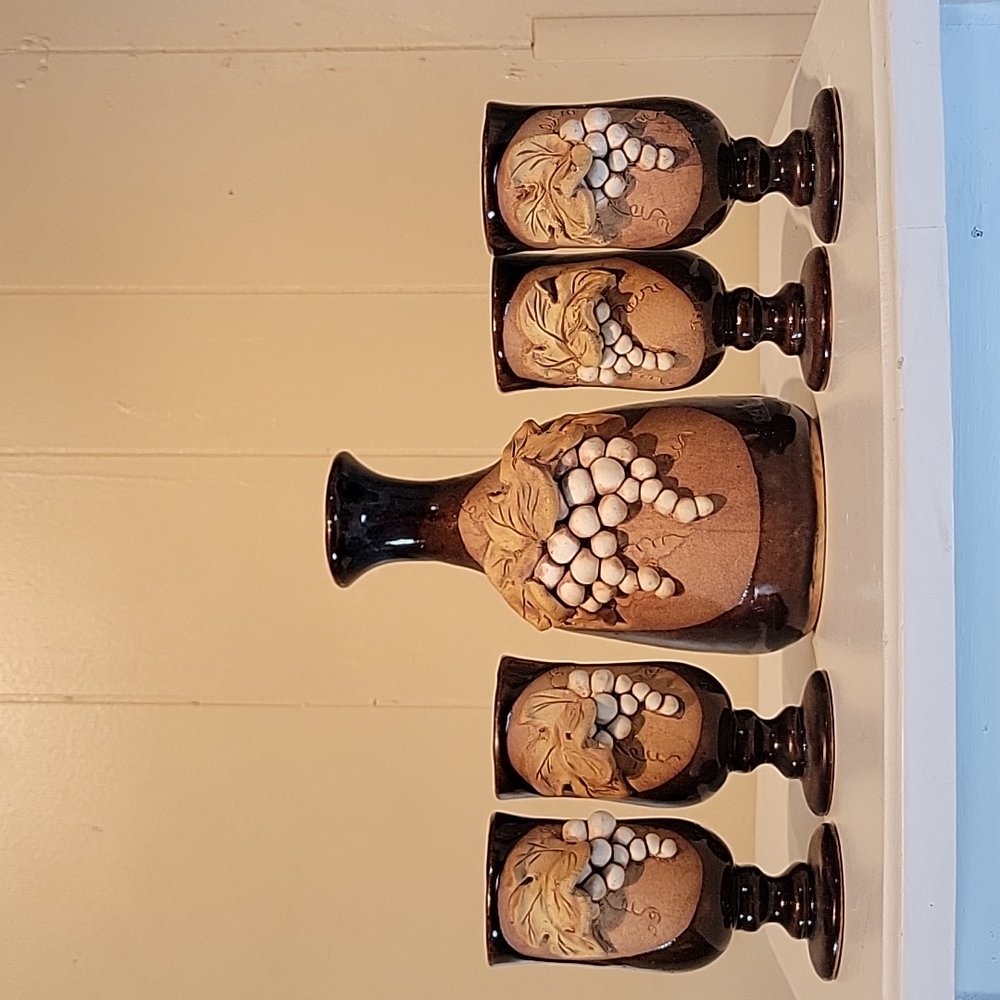 Pottery Wine Carraff and Wine Glasses